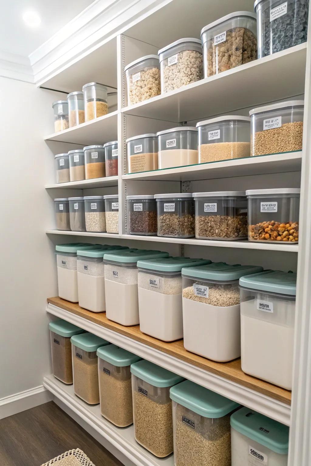 Matching containers sustain your pantry's neat and orderly presence.