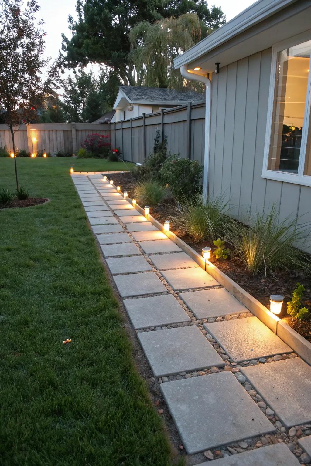 Straight lights offer a modern touch to your side yard path.