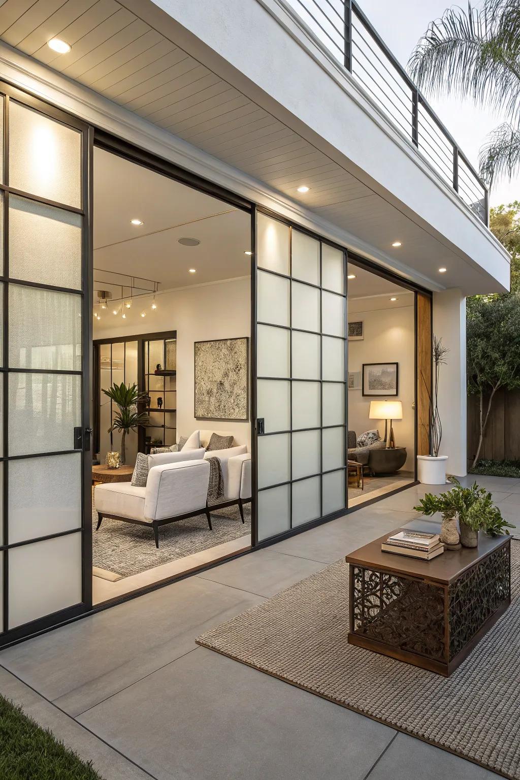 Glass panels introduce a chic, modern aesthetic while maintaining privacy.