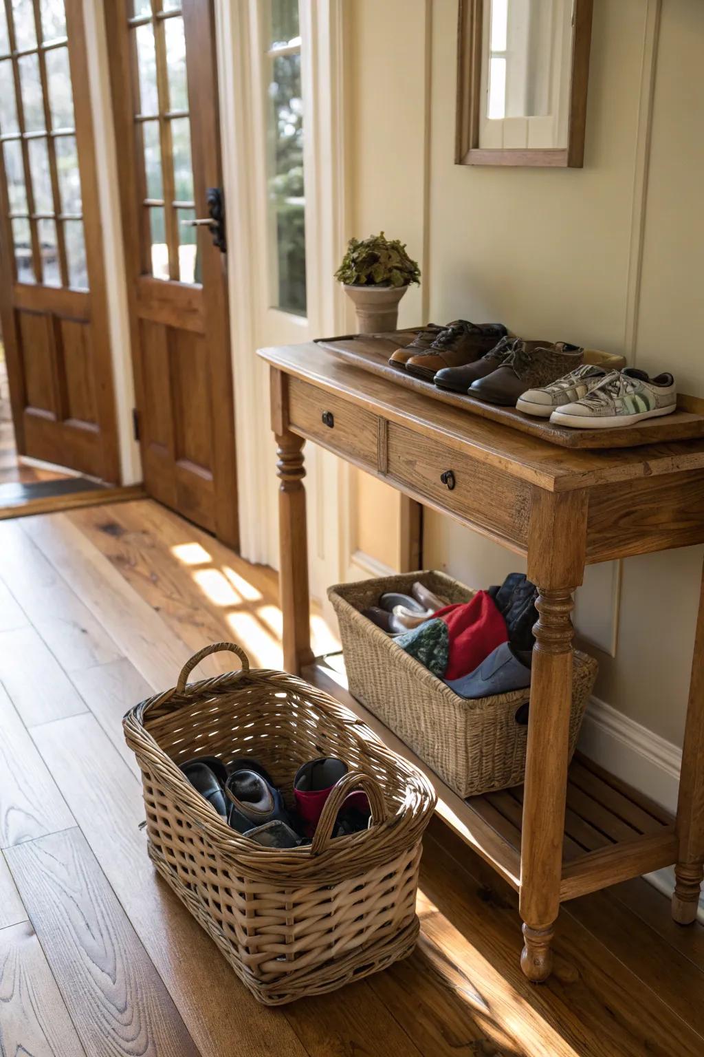 Wicker baskets efficiently combine rustic charm with practical shoe organization.