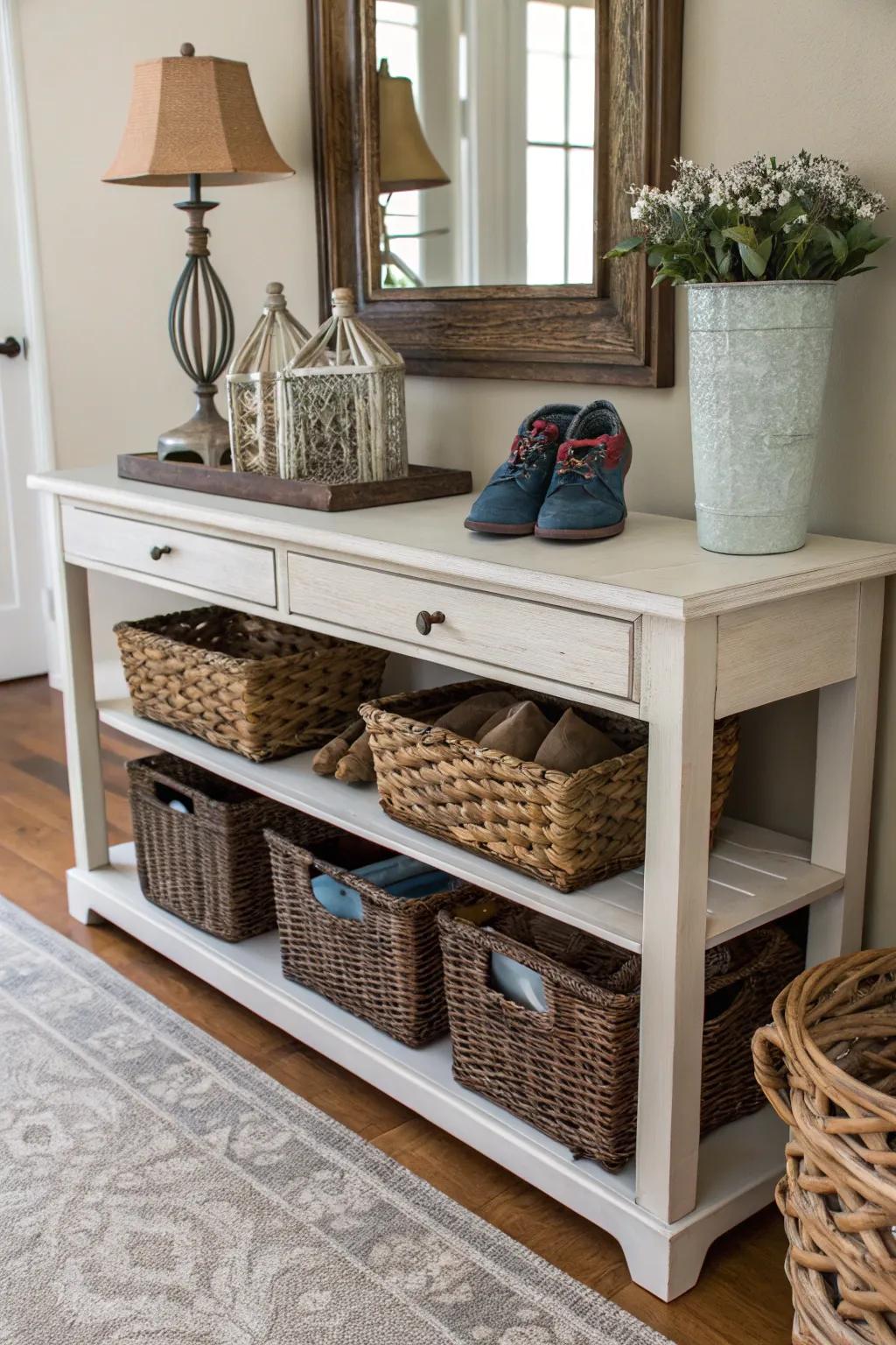 Entryway consoles paired with hidden baskets blend storage with aesthetic appeal smoothly.