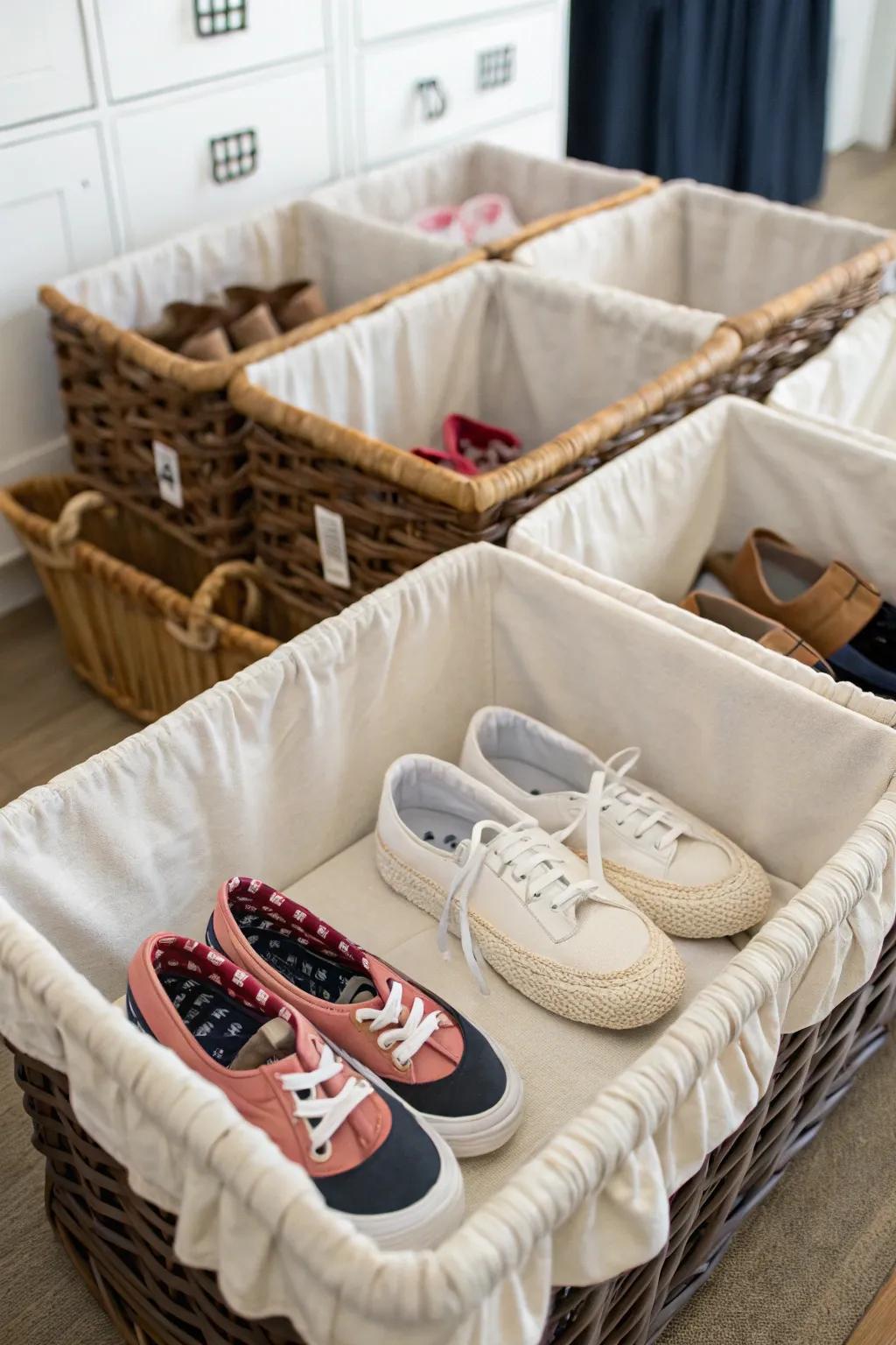 Containers fitted with liners protect footwear and add a clean look to storage.