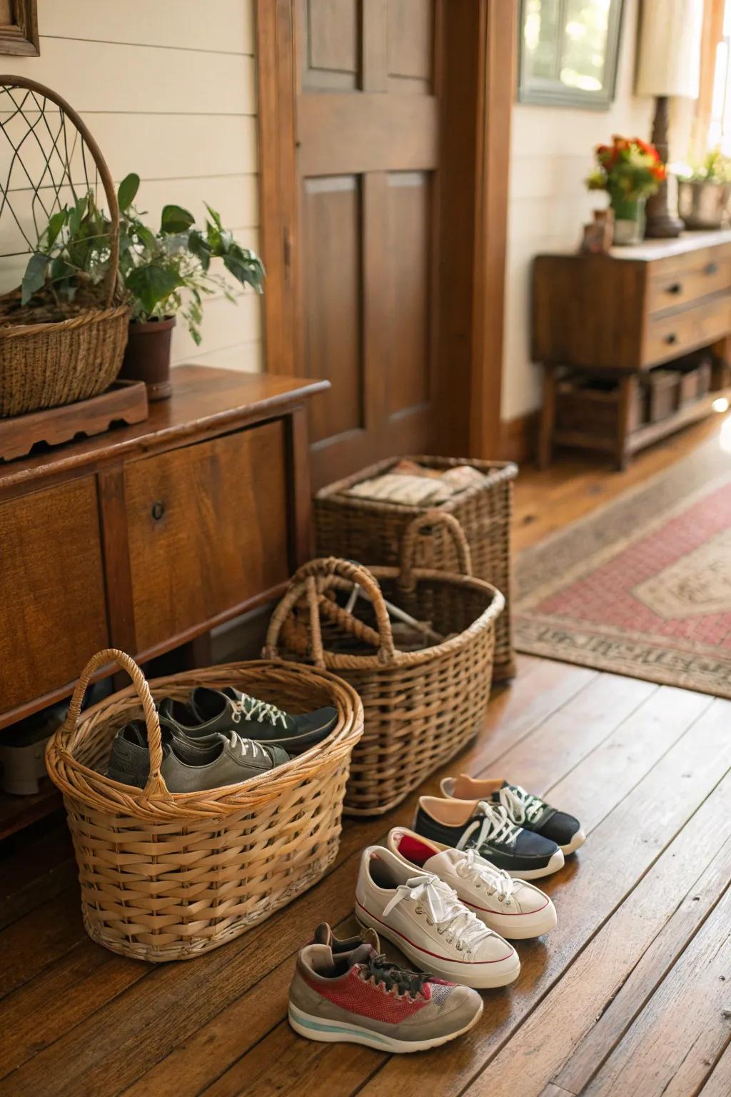 Reclaimed historic baskets deliver a distinctive and charming solution for storing footwear.