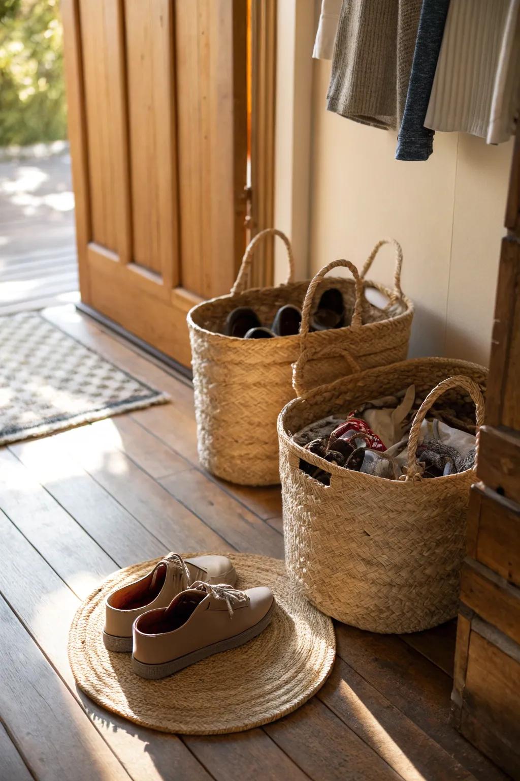 Jute containers offer an eco-conscious and fashionable choice for storing footwear.