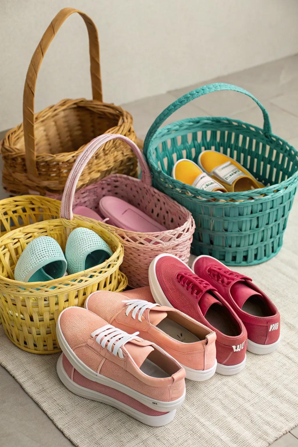 Color-theme baskets offer an organized and visually attractive footwear storage solution.