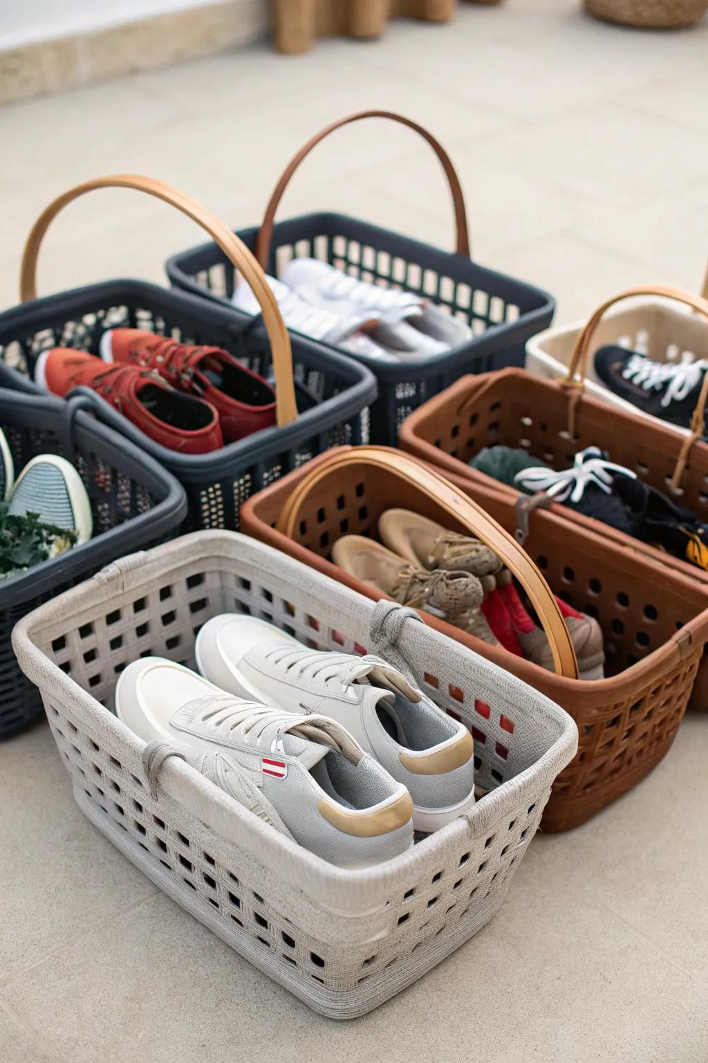 Containers with grips provide convenient and portable footwear storage.