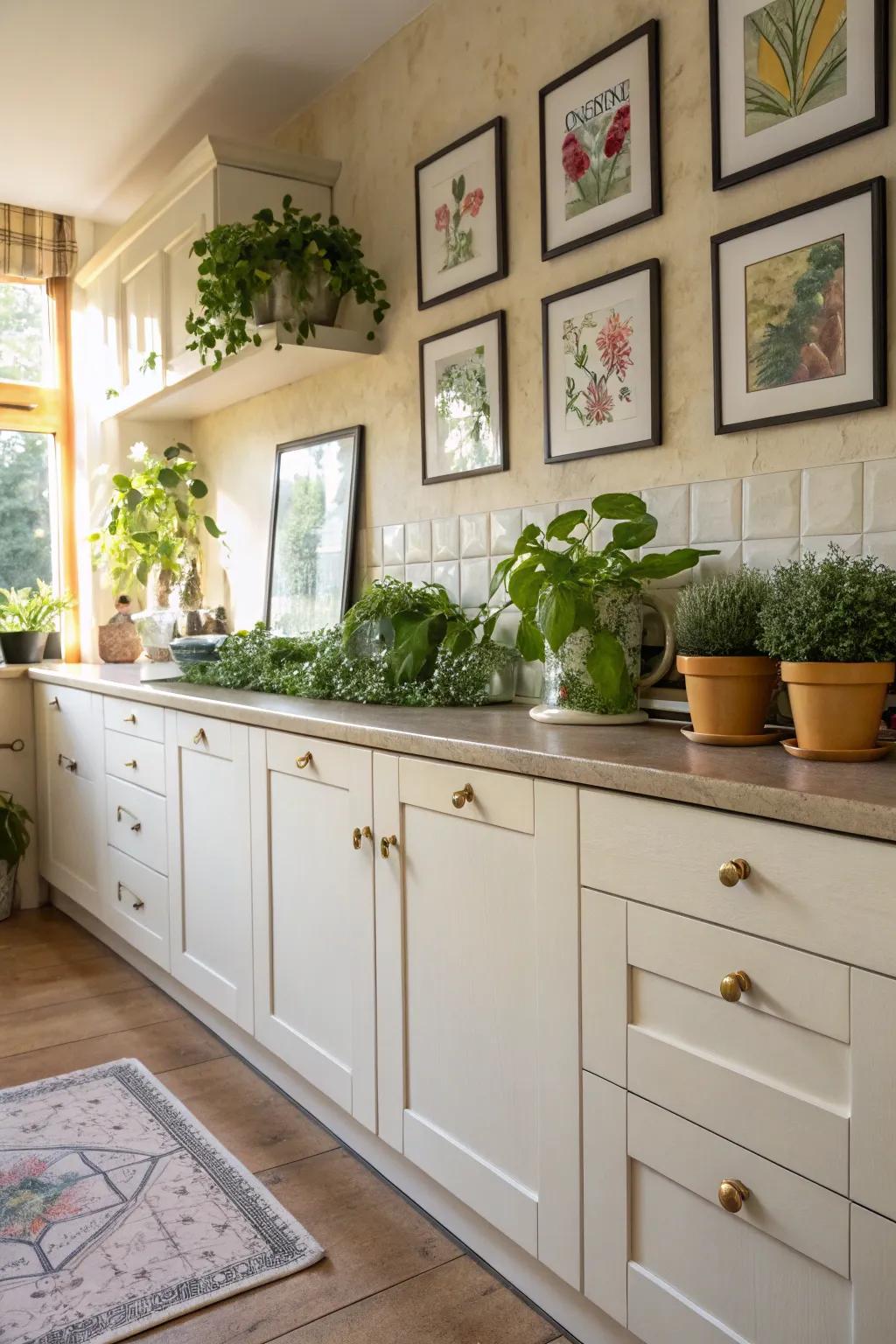 Personal touches with plants and art make the kitchen unique.