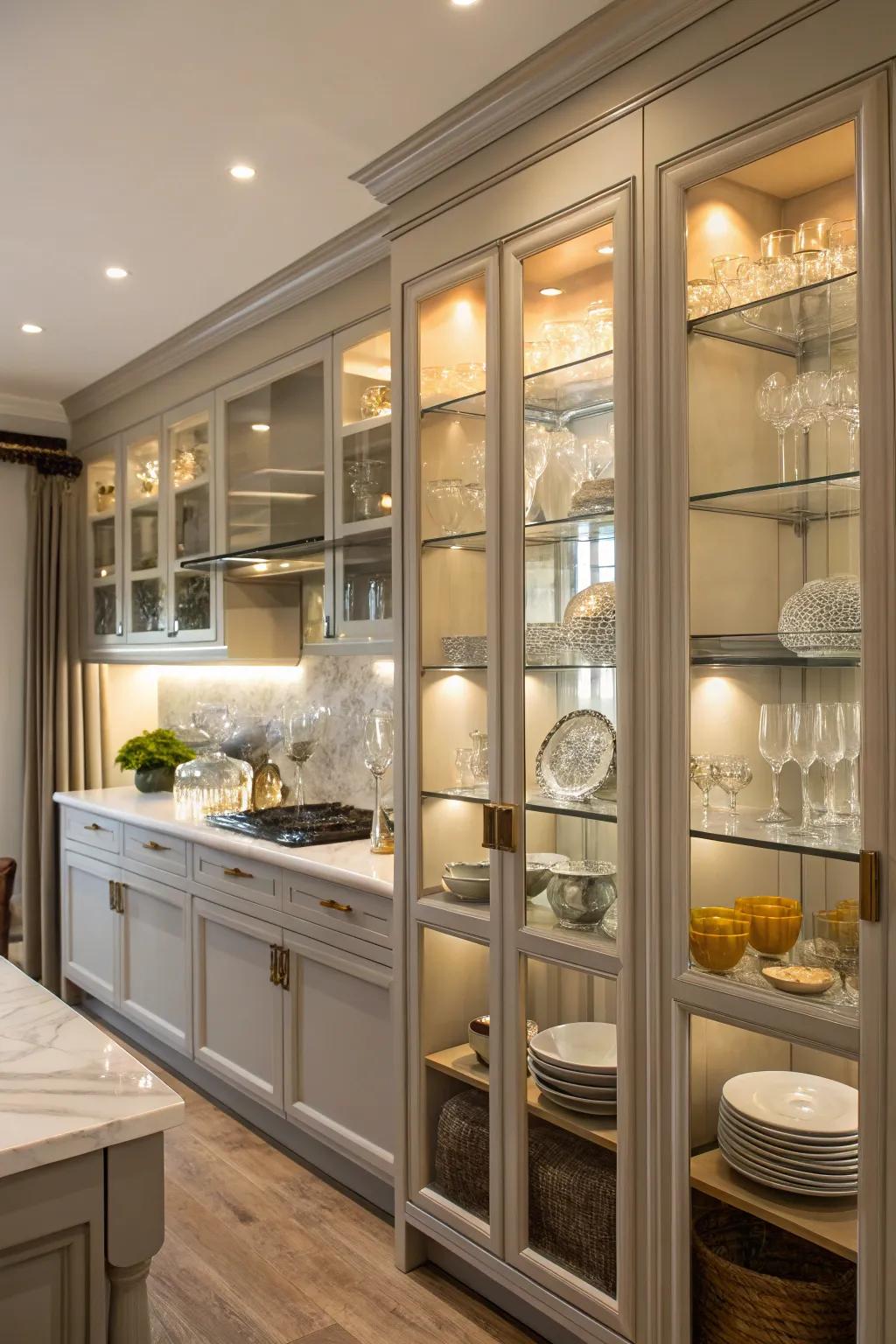Display cabinets with glass fronts lend sophistication and display dinnerware.