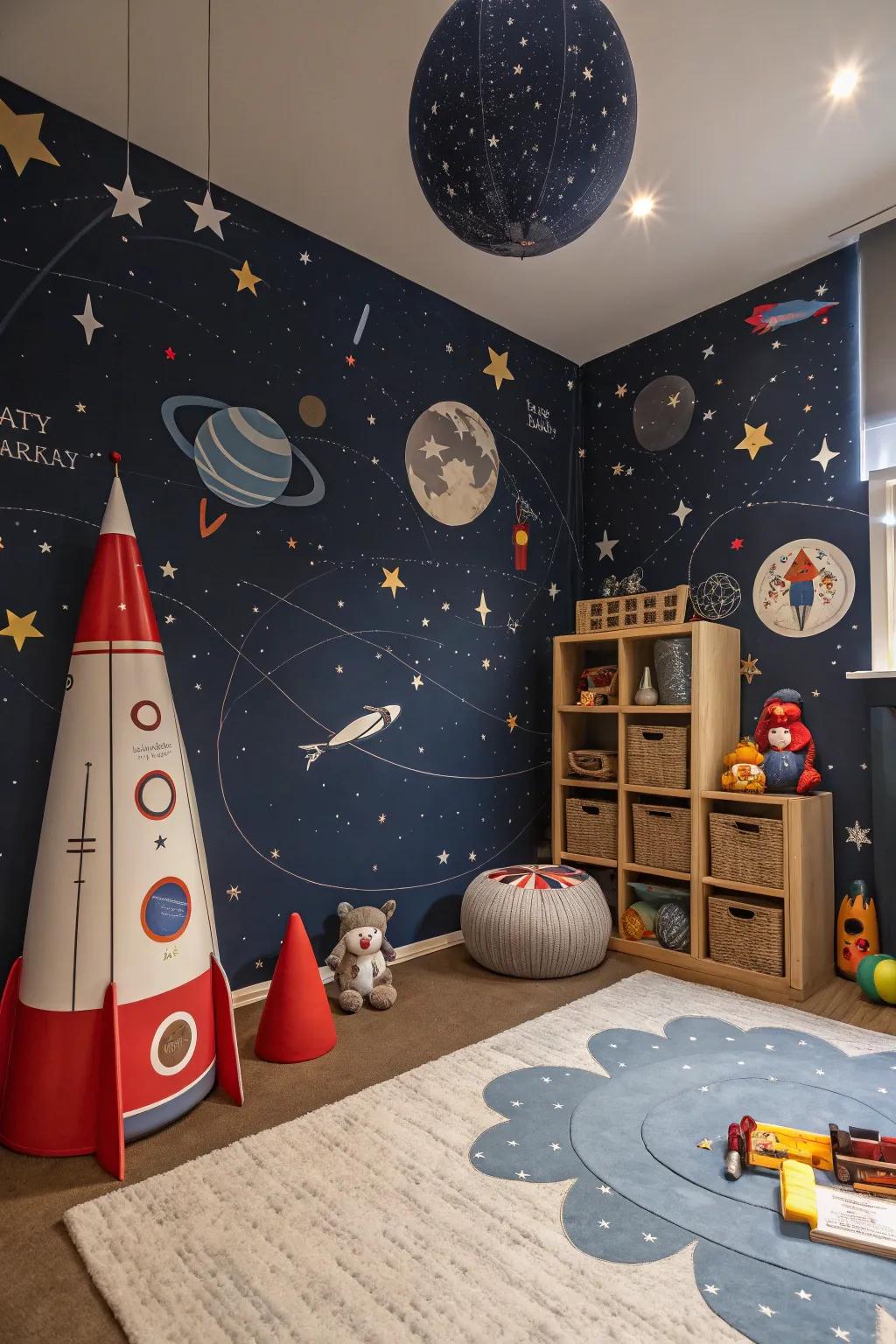 Celestial deep blue wall covering inspires cosmic adventures.