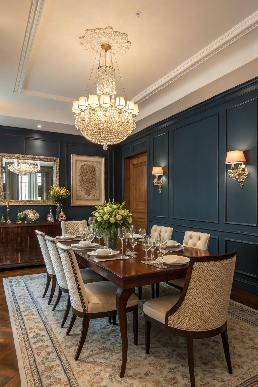 A deep blue standout wall makes a striking impression.