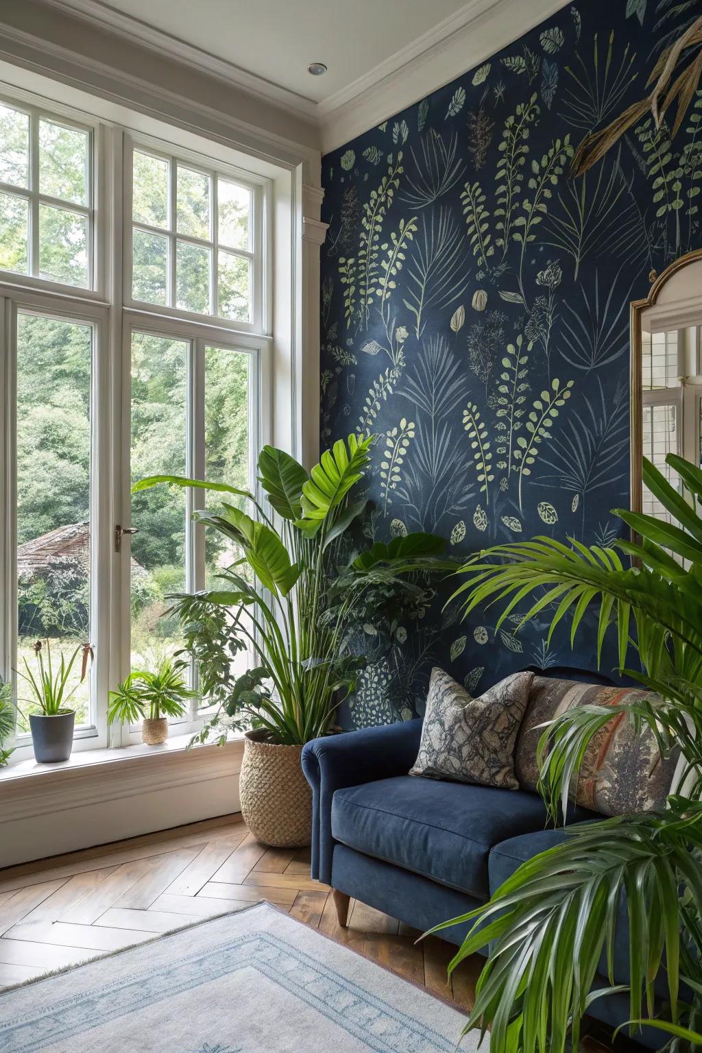 Bring the outdoors in with botanical-themed deep blue wallpaper.
