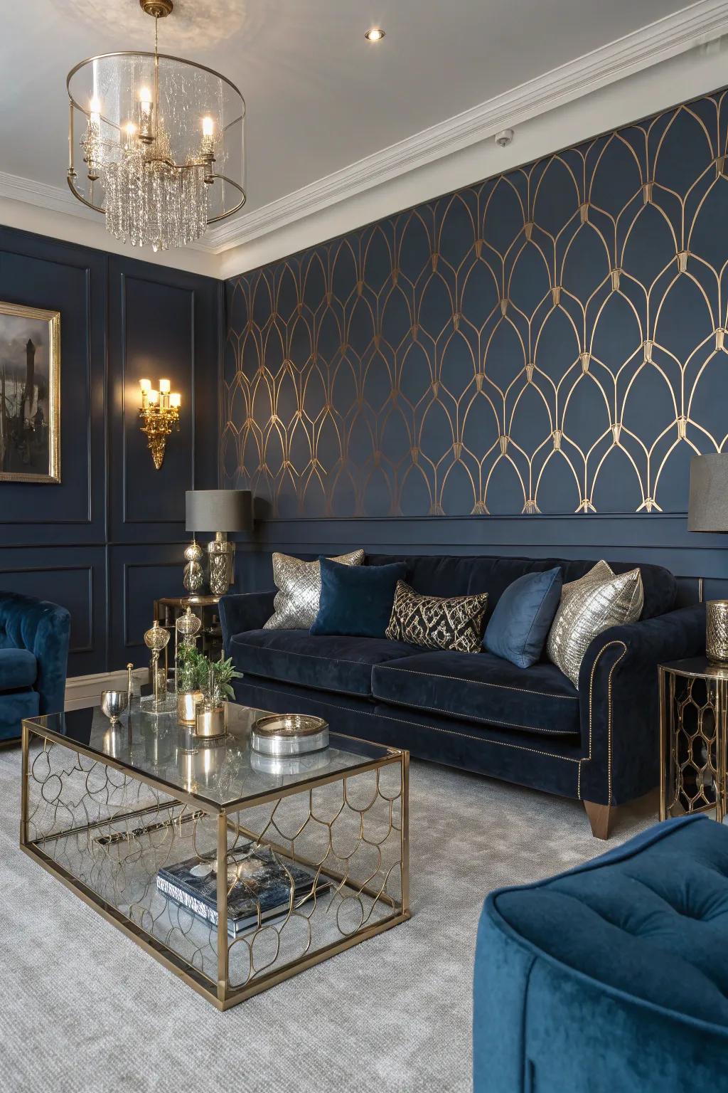 Metallic details bring a touch of luxury to deep blue walls.
