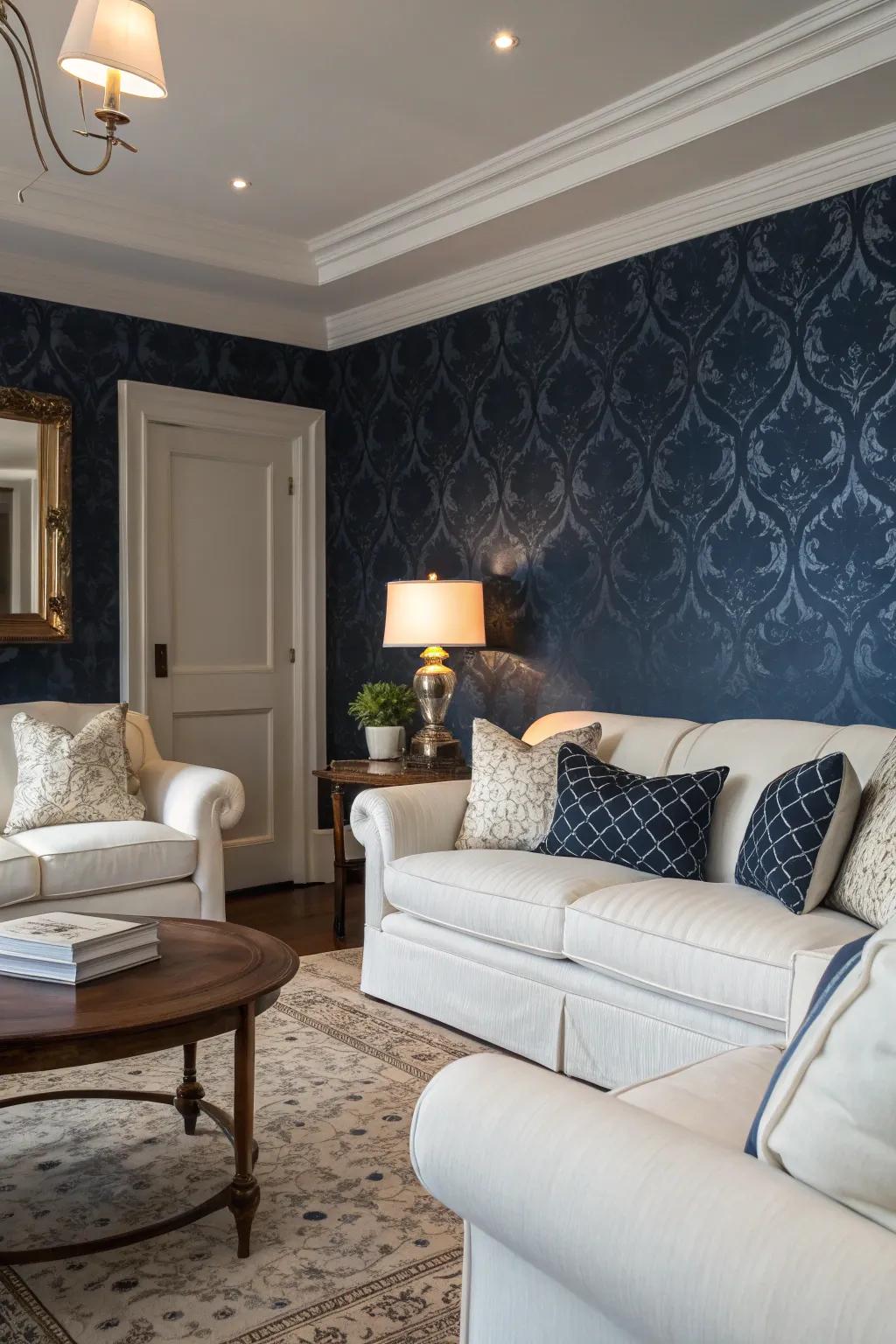 Contrasting design enhances the beauty of dark blue wall covering.