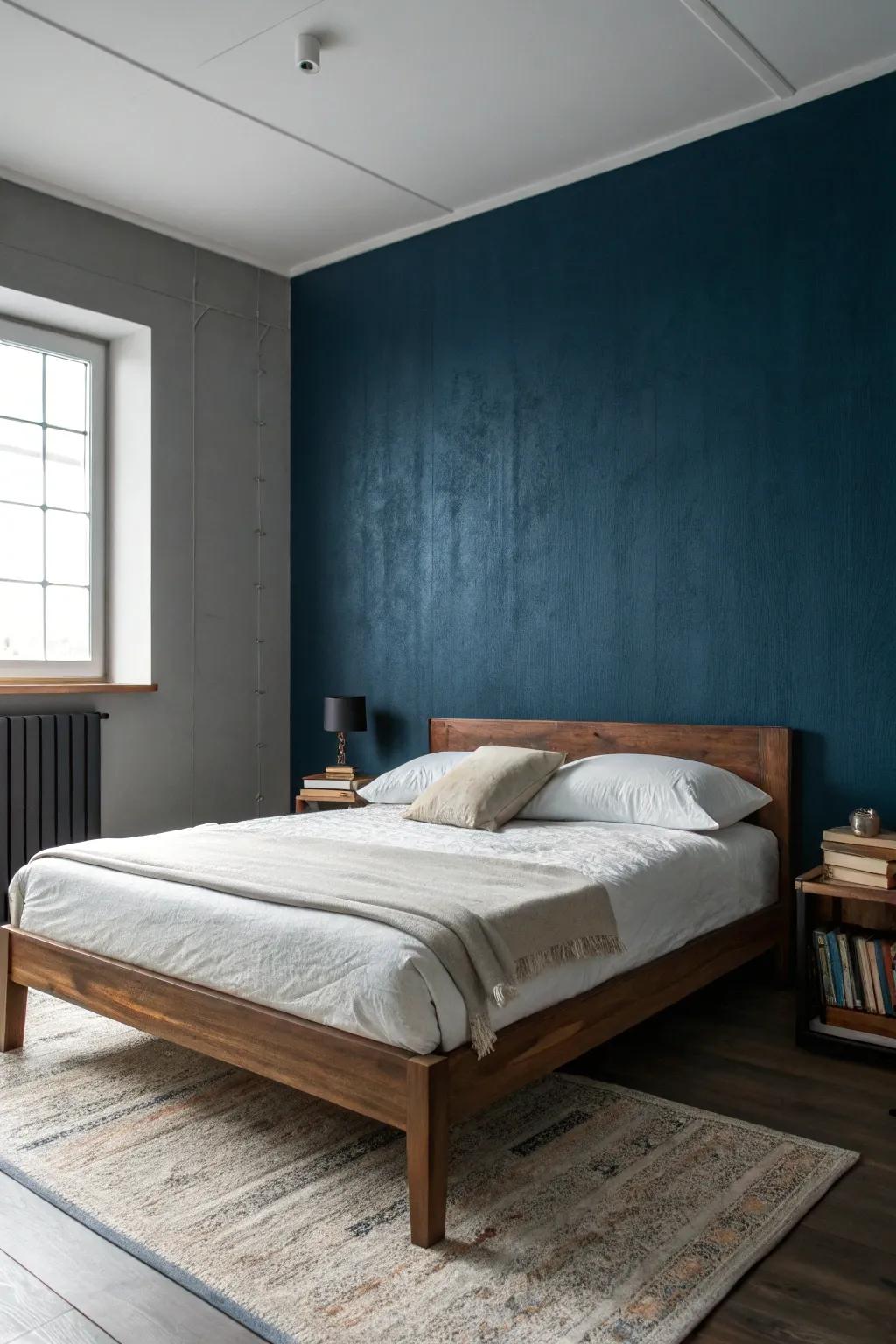 Minimalist deep blue wall covering provides a serene backdrop.