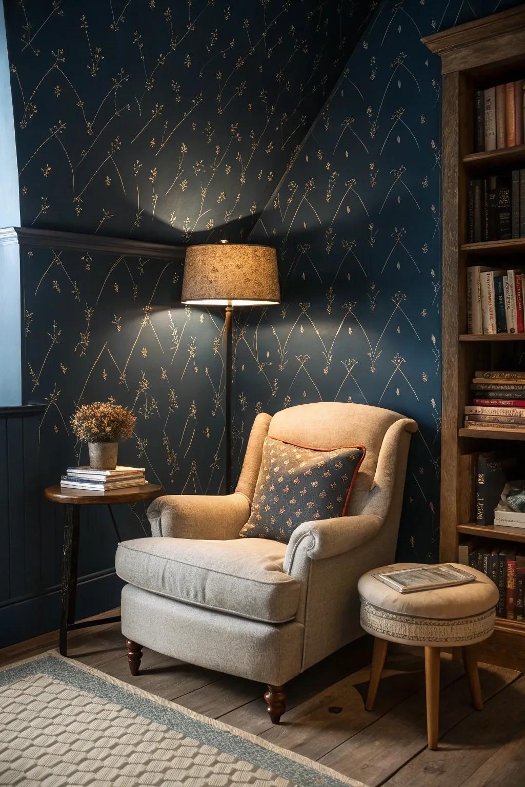 Dark blue shades create a moody, elegant ambiance.