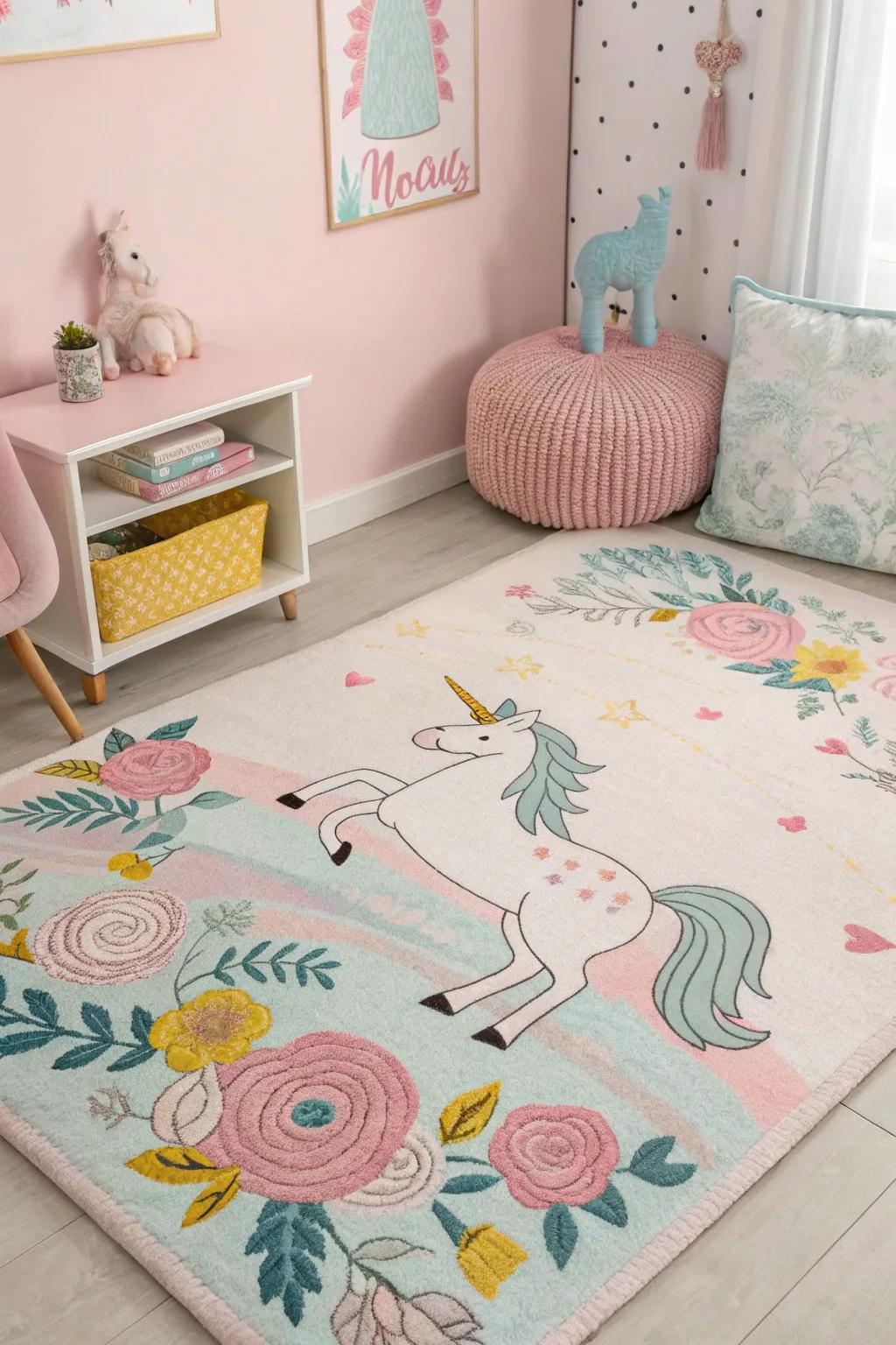 A whimsical rug cohesively uniting the area.