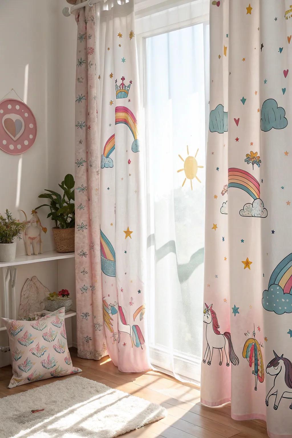 Creature-themed drapes enriching the space.