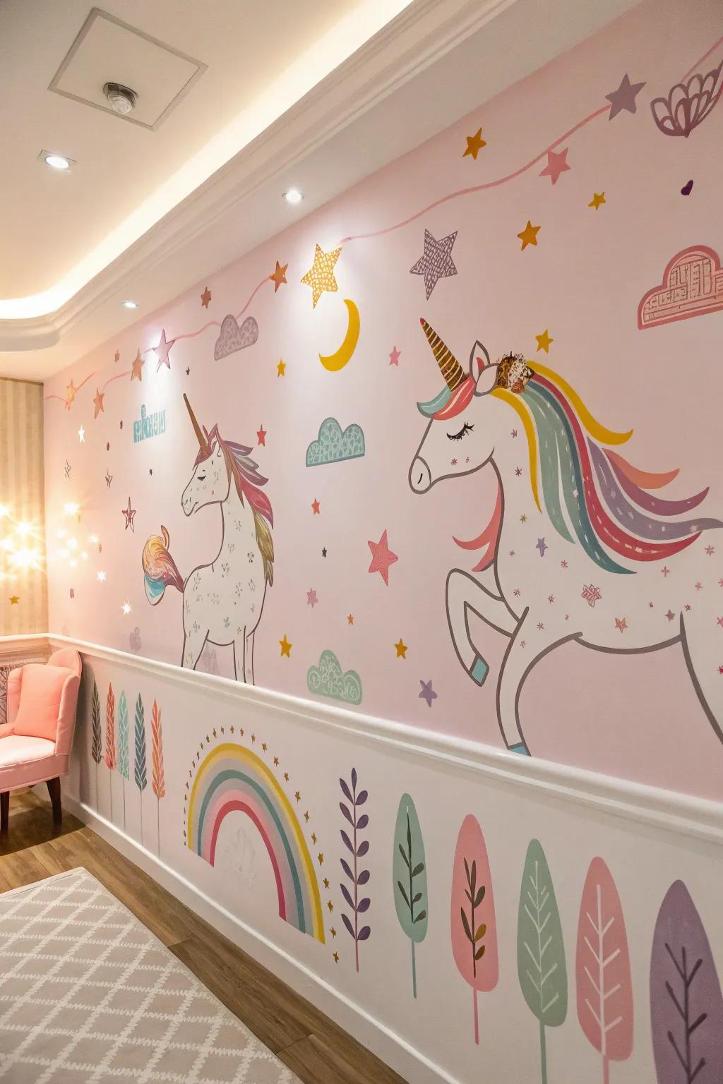 Magical creature wall art invigorating a room painted in soft hues.