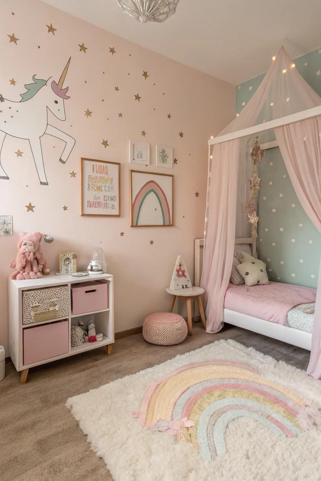 A pastel dreamscape enhanced with soft unicorn-themed decor.
