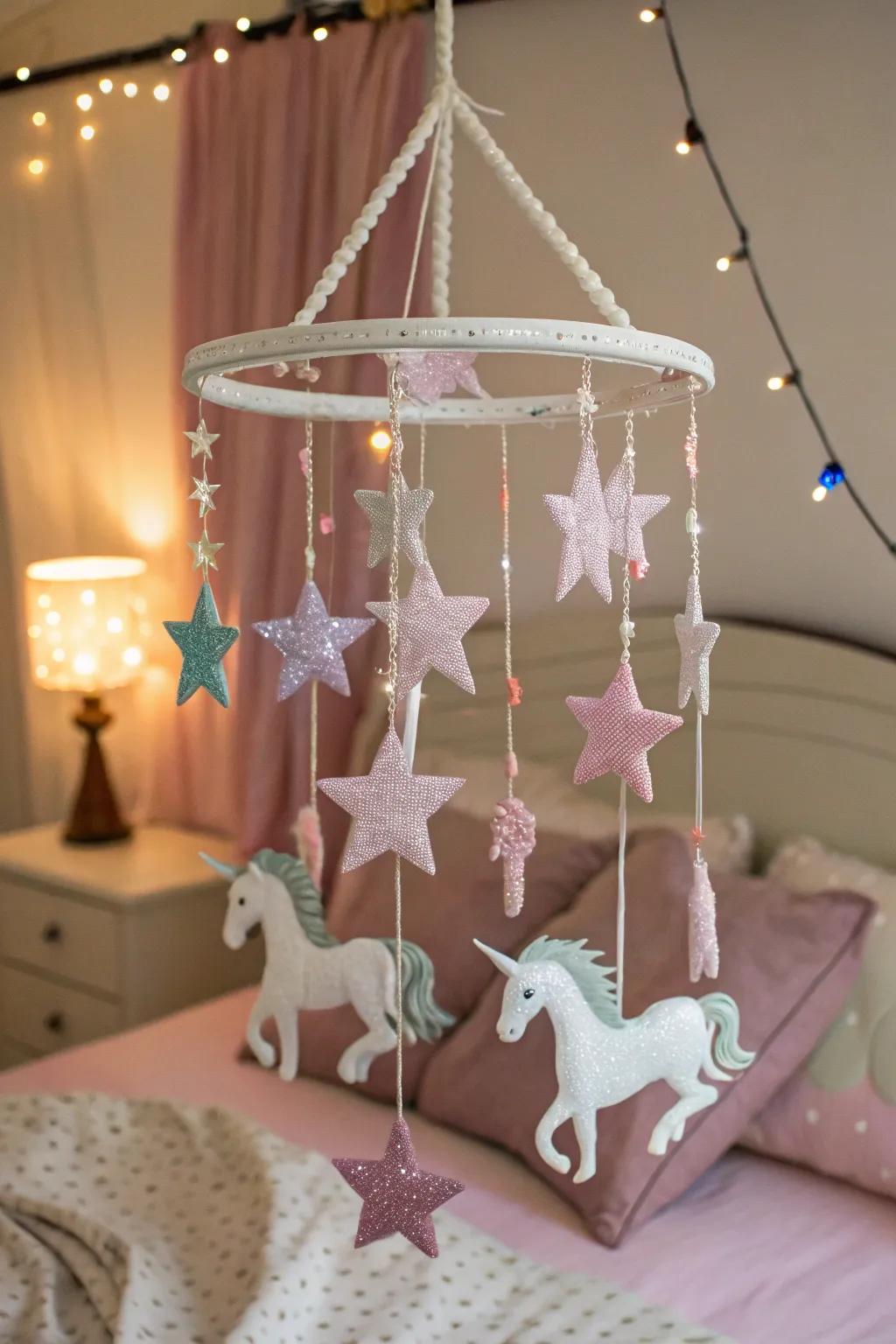 A celestial decoration adding charm over a bed.