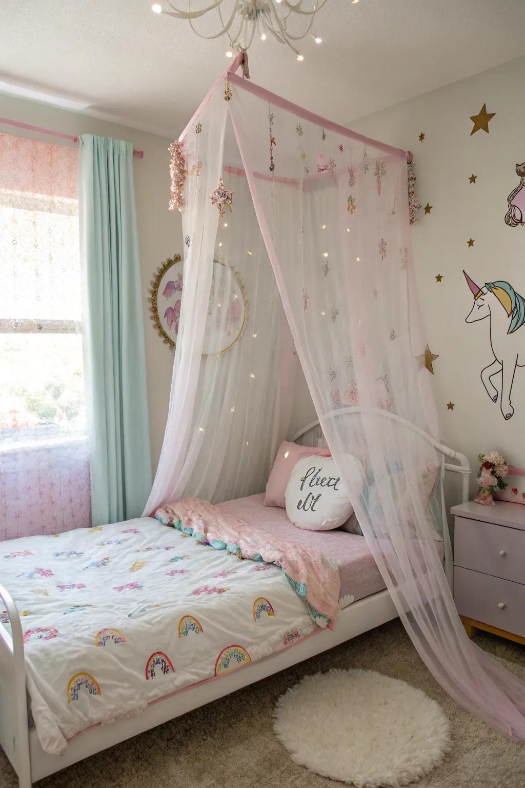 A canopy bed evoking a regal ambiance in a creature-themed area.