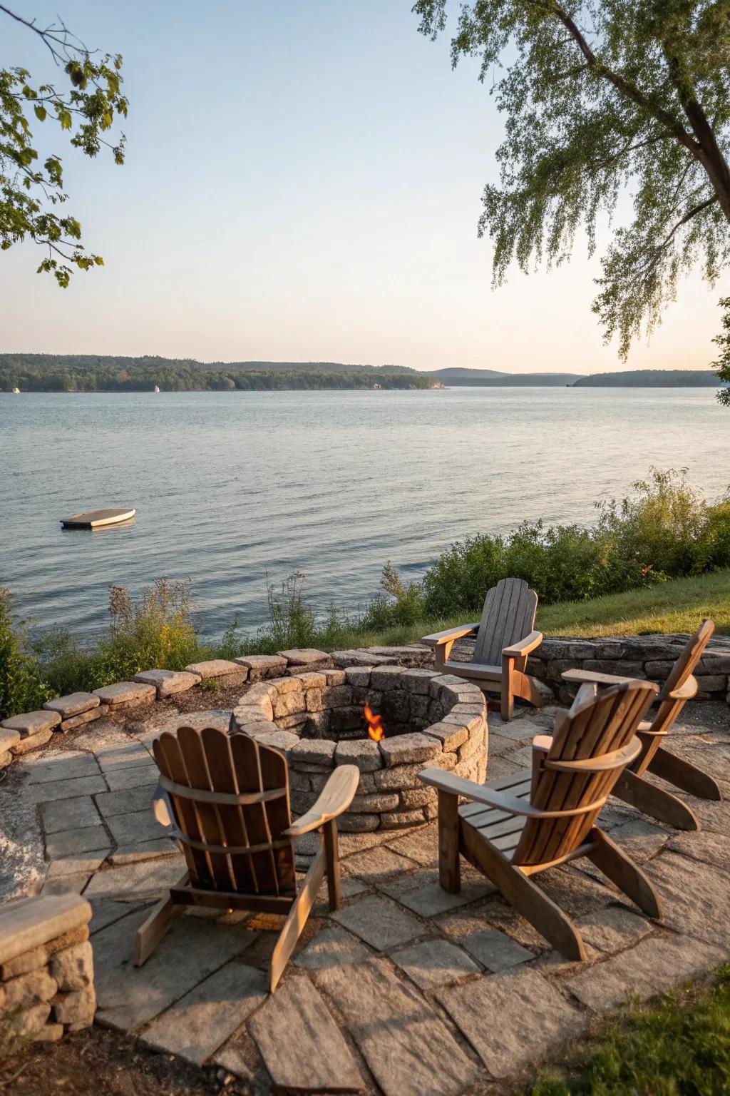 Adirondack chairs are comfy and stylish for your lakeside fire pit.