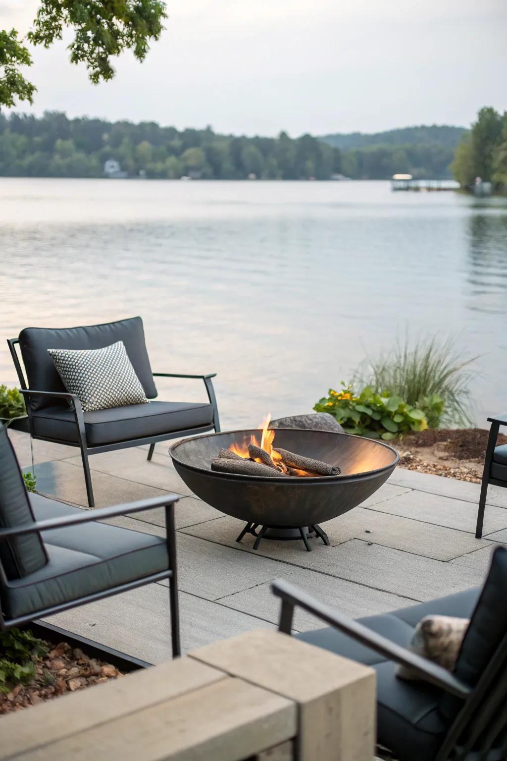 A metal fire pit brings a modern and elegant touch to your lakeside.