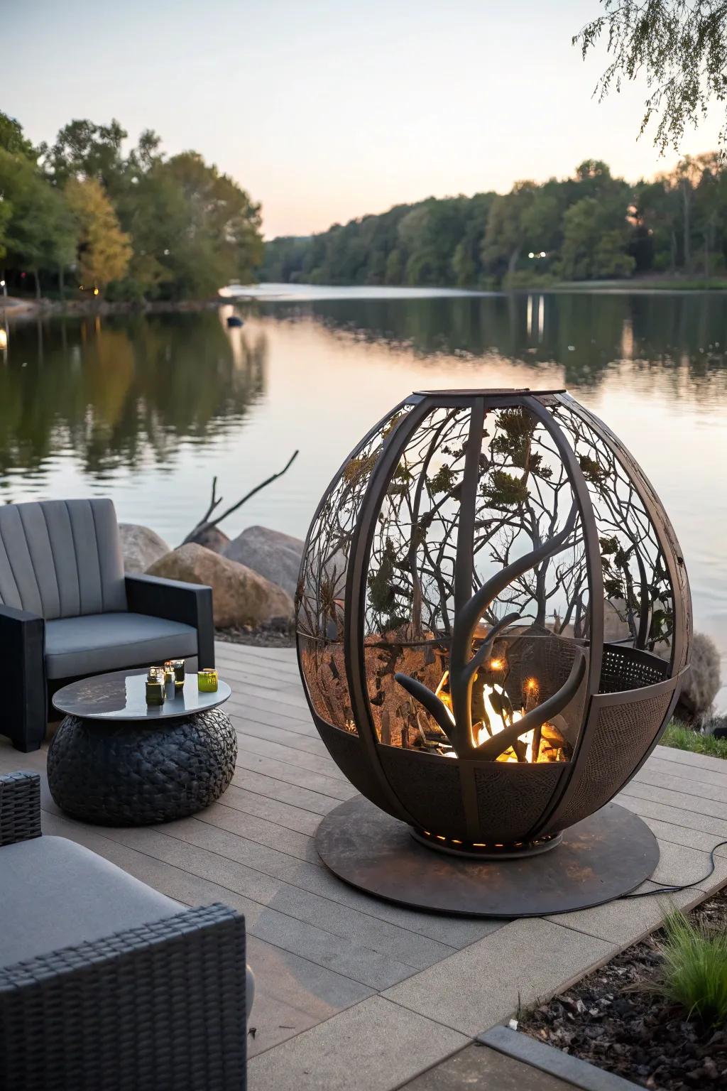 An artistic fire pit adds something creative and eye-catching to your lakeside escape.