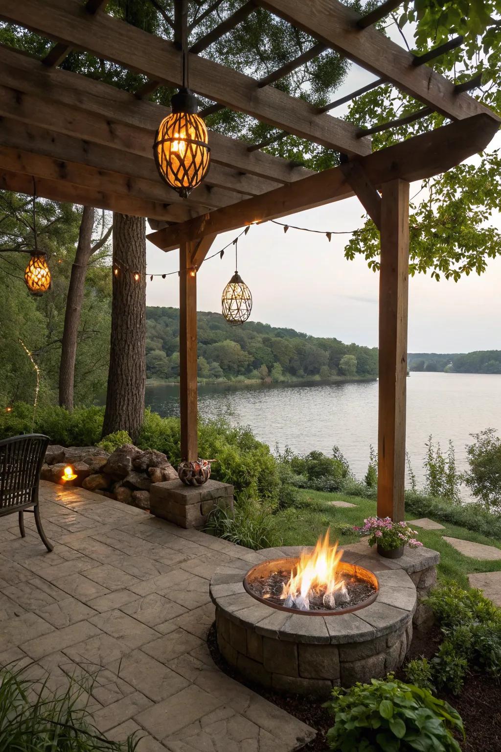 A pergola over your fire pit adds style and function to your lakeside space.
