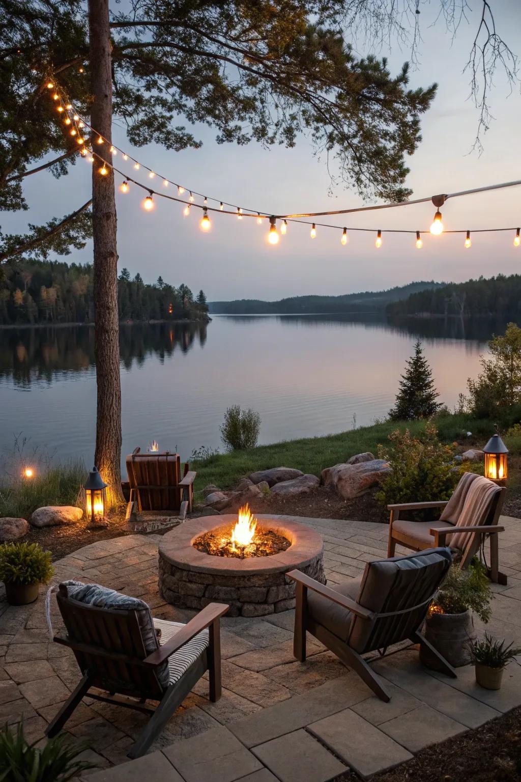 String lights make the area around your fire pit feel warm and welcoming.
