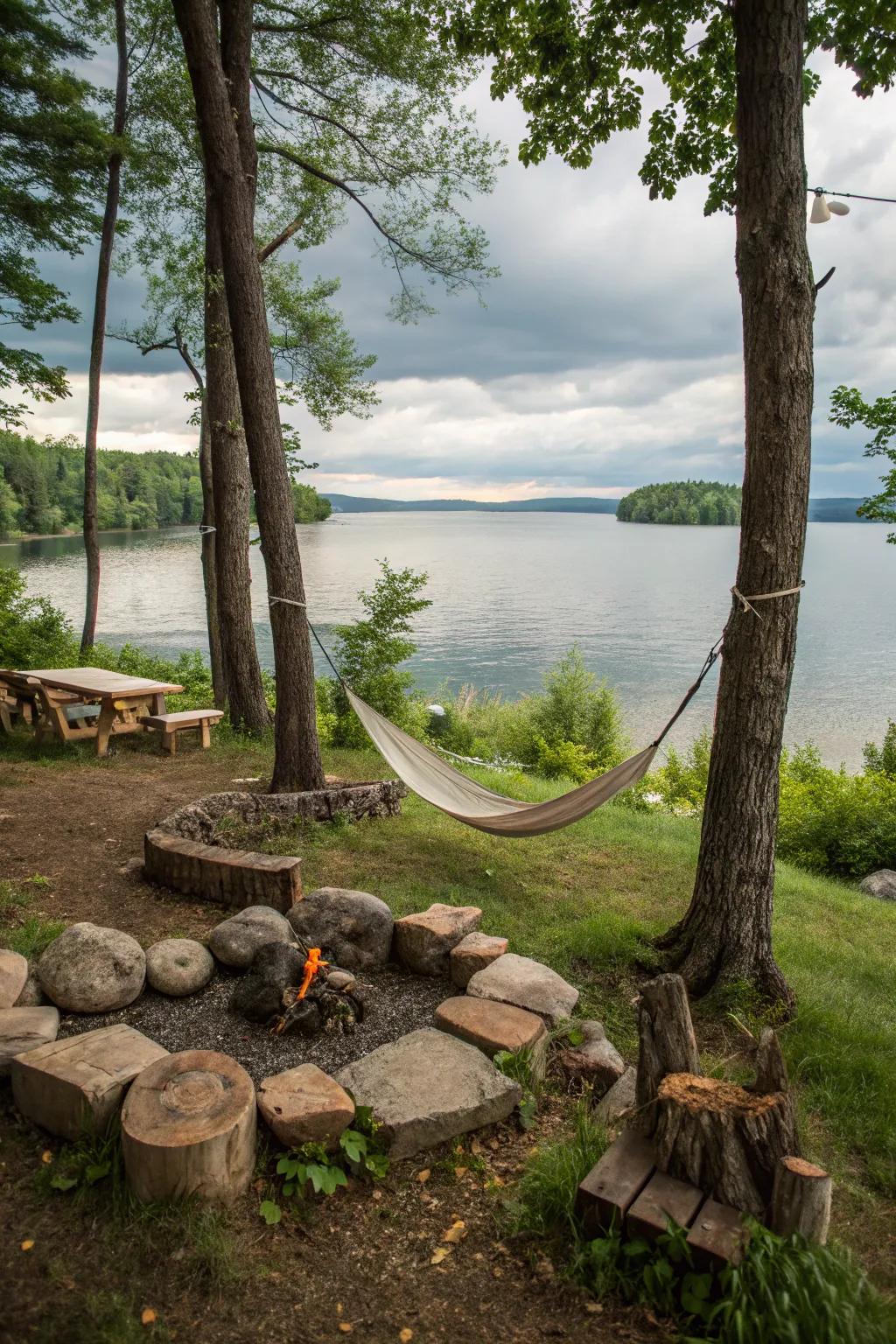 A hammock area by the fire pit is a peaceful escape by the lake.