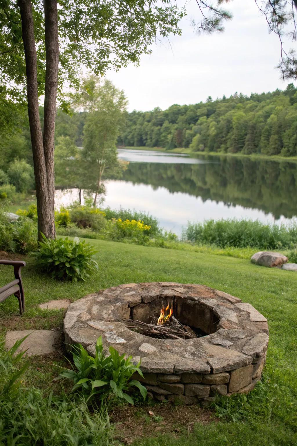 A stone-built fire pit goes hand in hand with the natural beauty of the lakeside.