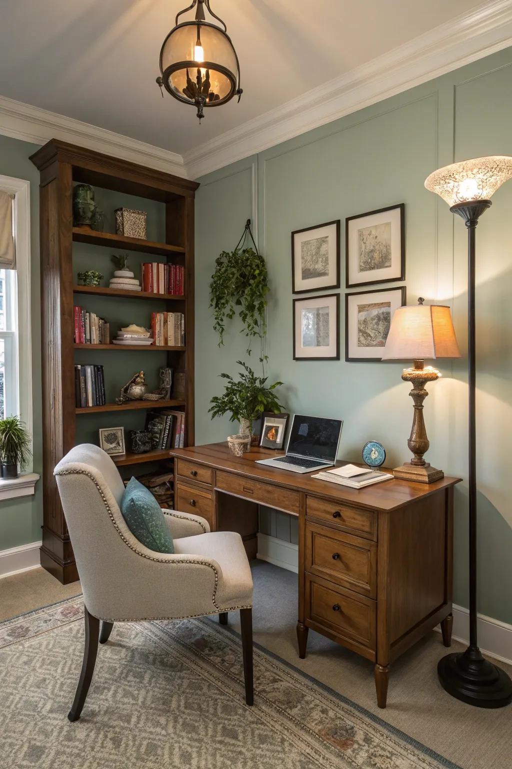 Warm, soft lighting changes a home office into a snug getaway.