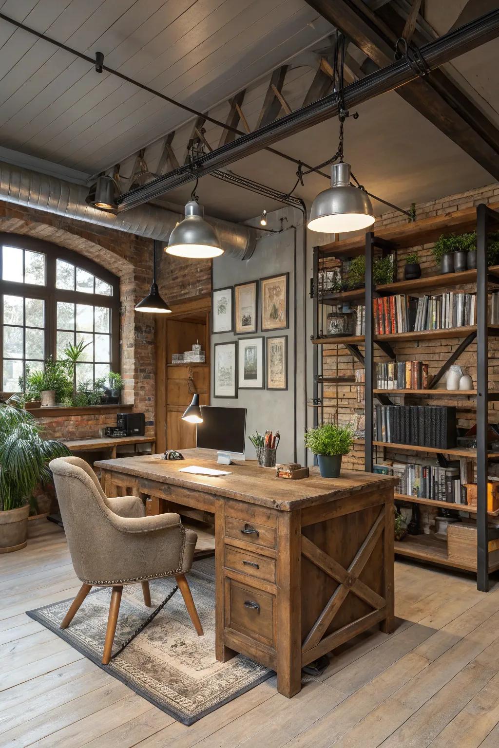 Visible lights bring industrial charm to a creative workspace.