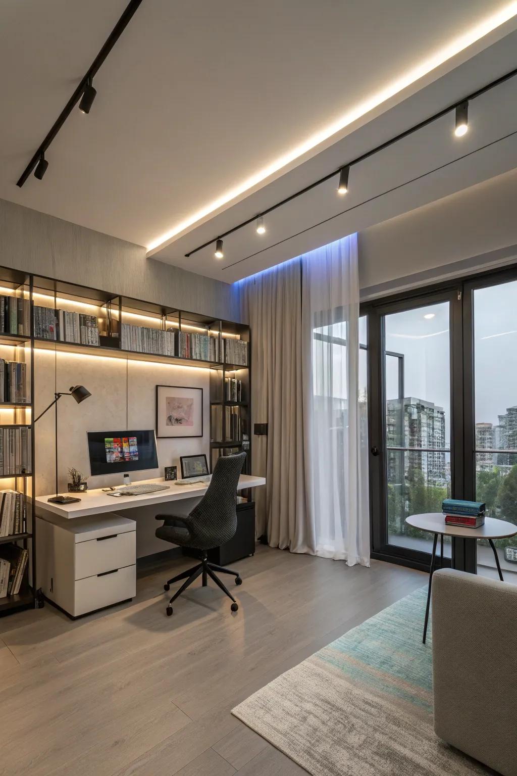 Smart lighting solutions offer customizable and dynamic office lighting.