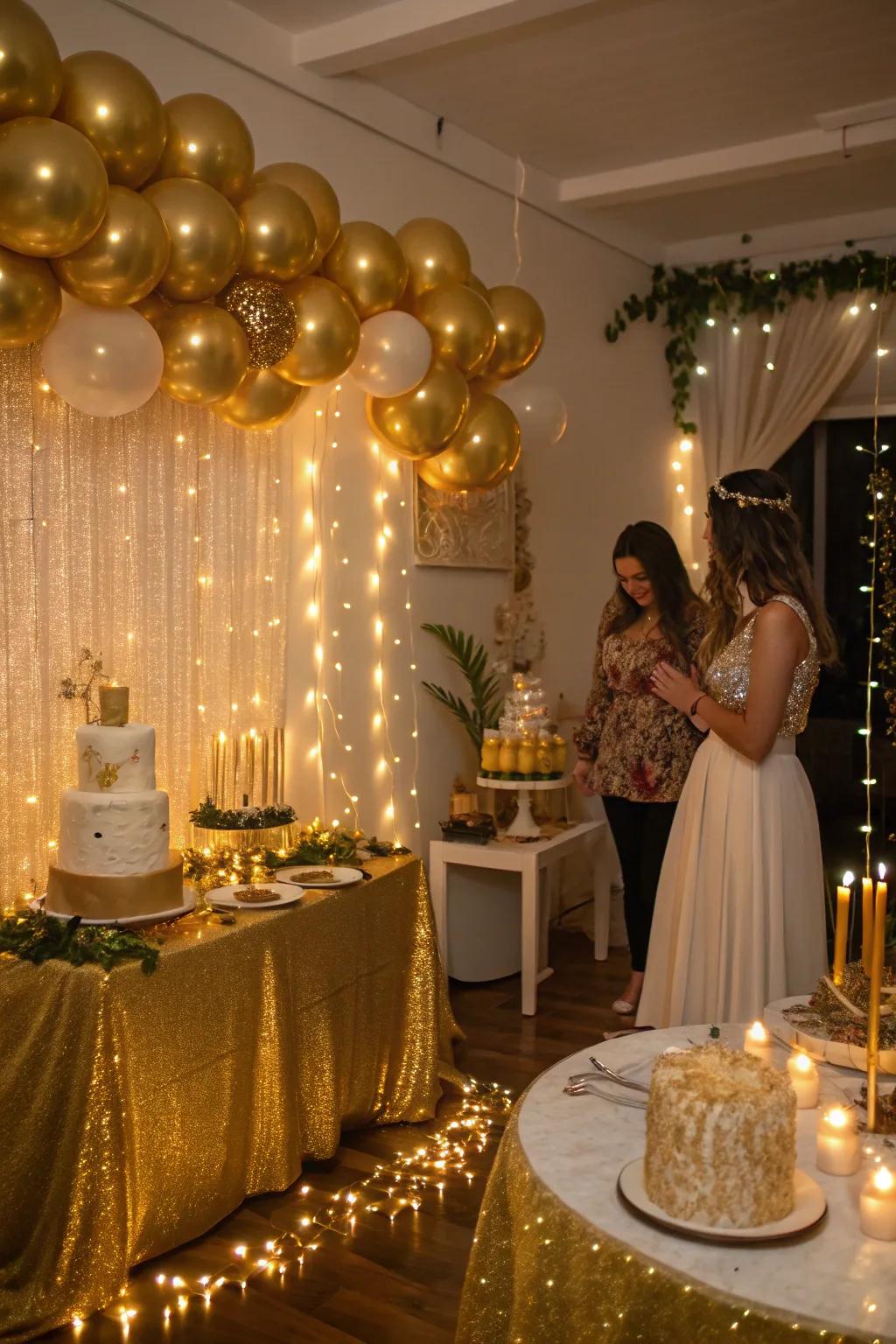 Candles and twinkle lights create a magical golden ambiance.