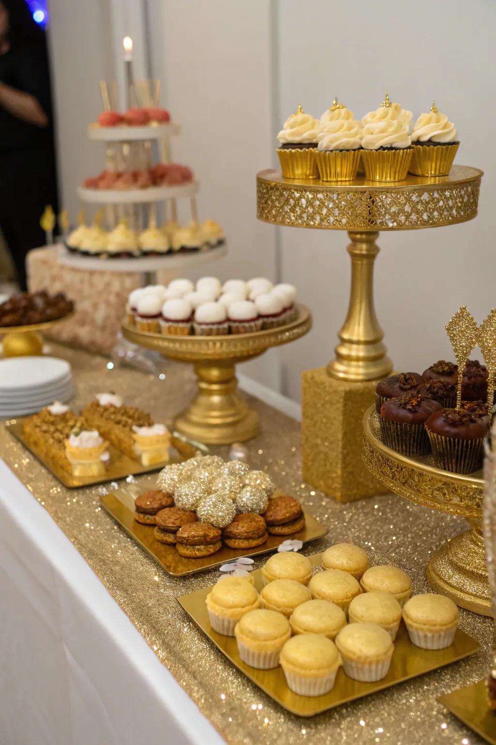 A gold dessert table is sweet and stylish.