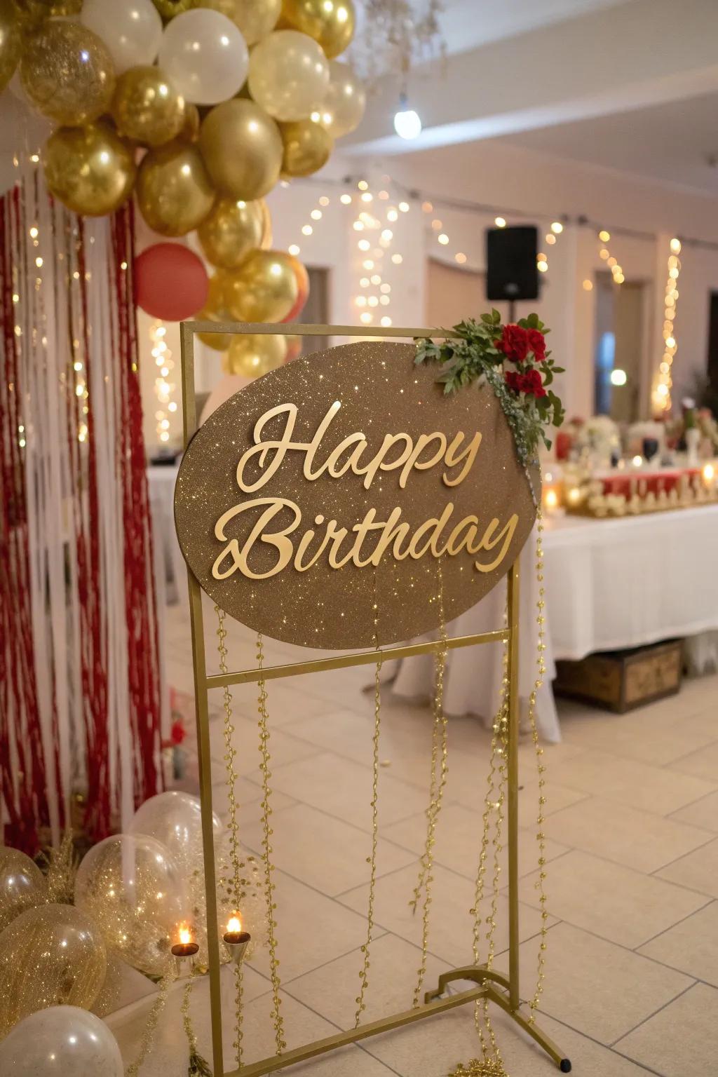 Personalized gold signage makes your birthday celebration unique.