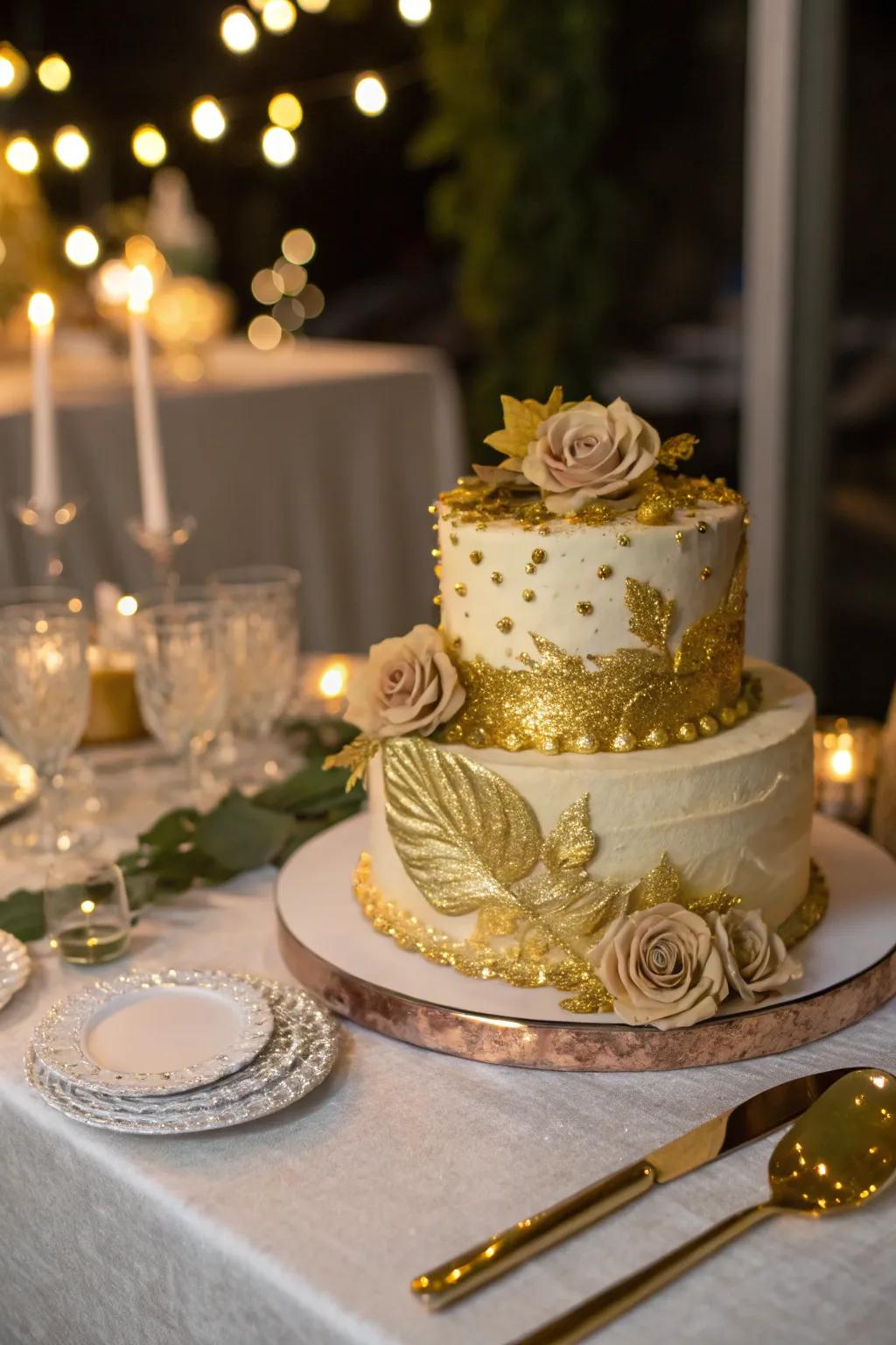 A golden cake is a stunning centerpiece for the birthday celebration.