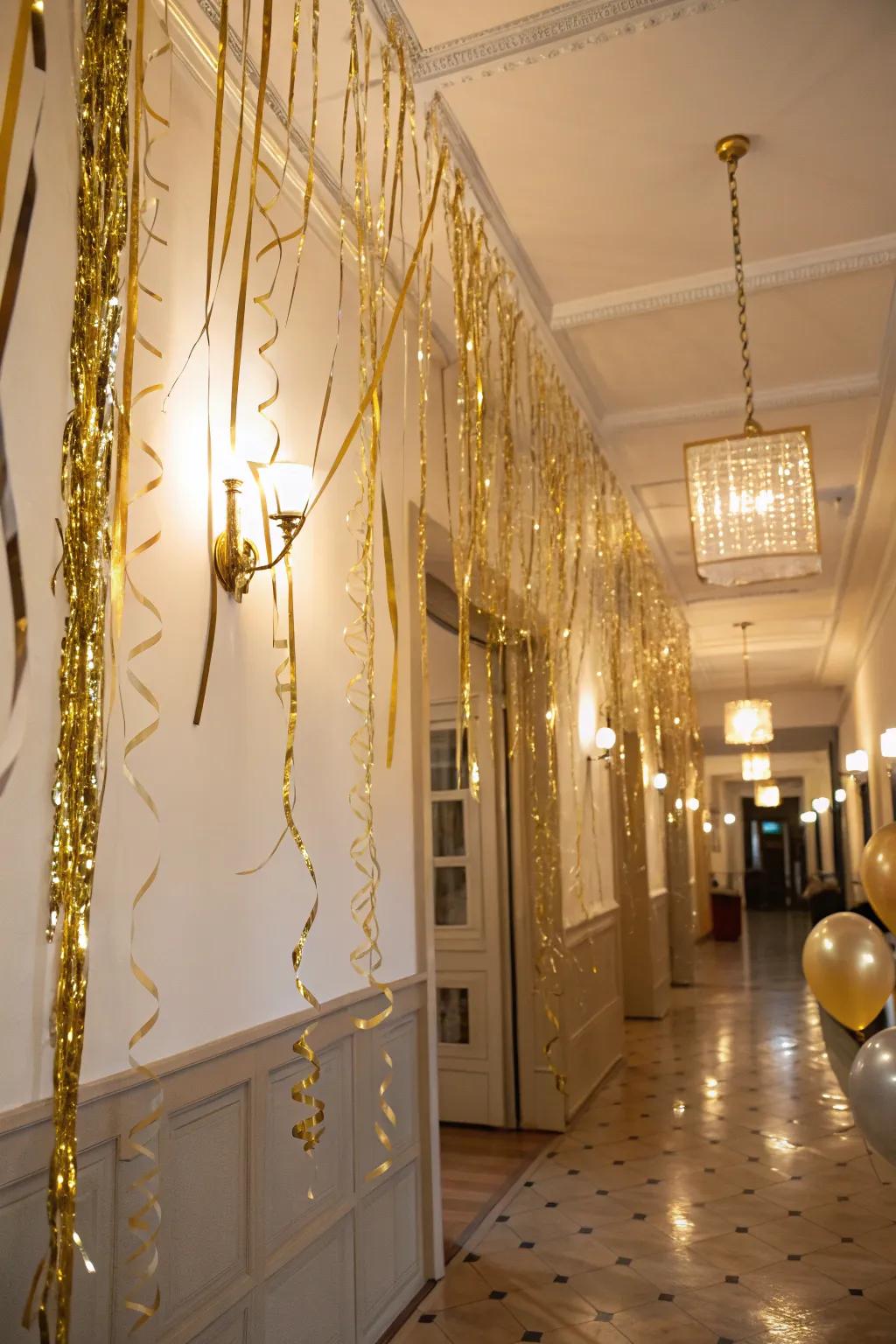 Gold foil streamers bring a dramatic flair to your party.