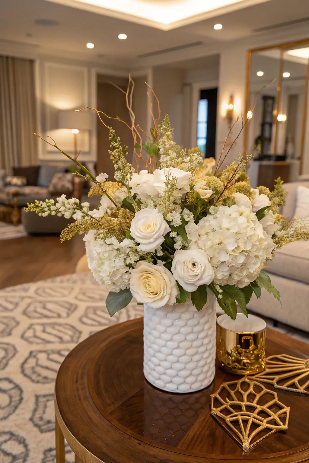 A floral composition using gold accents introduces charm and beauty.