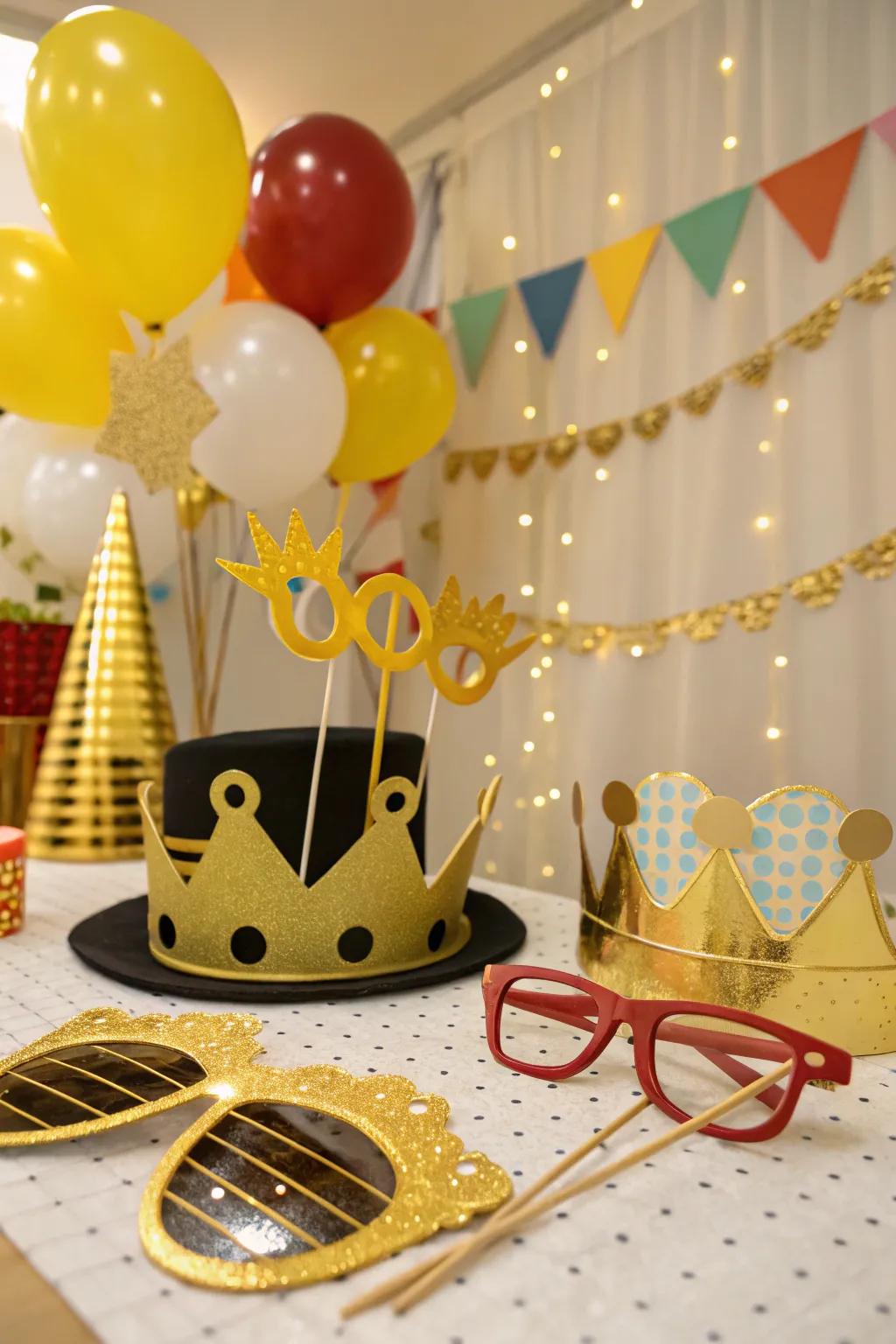 Gold photo booth props add fun and creativity to your party.