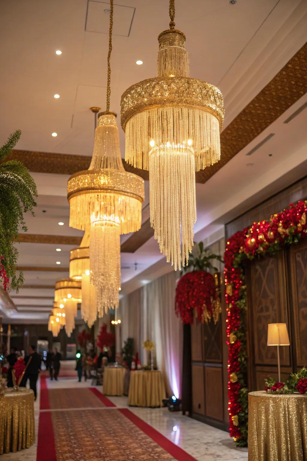 Gold fringe chandeliers add movement and sparkle.