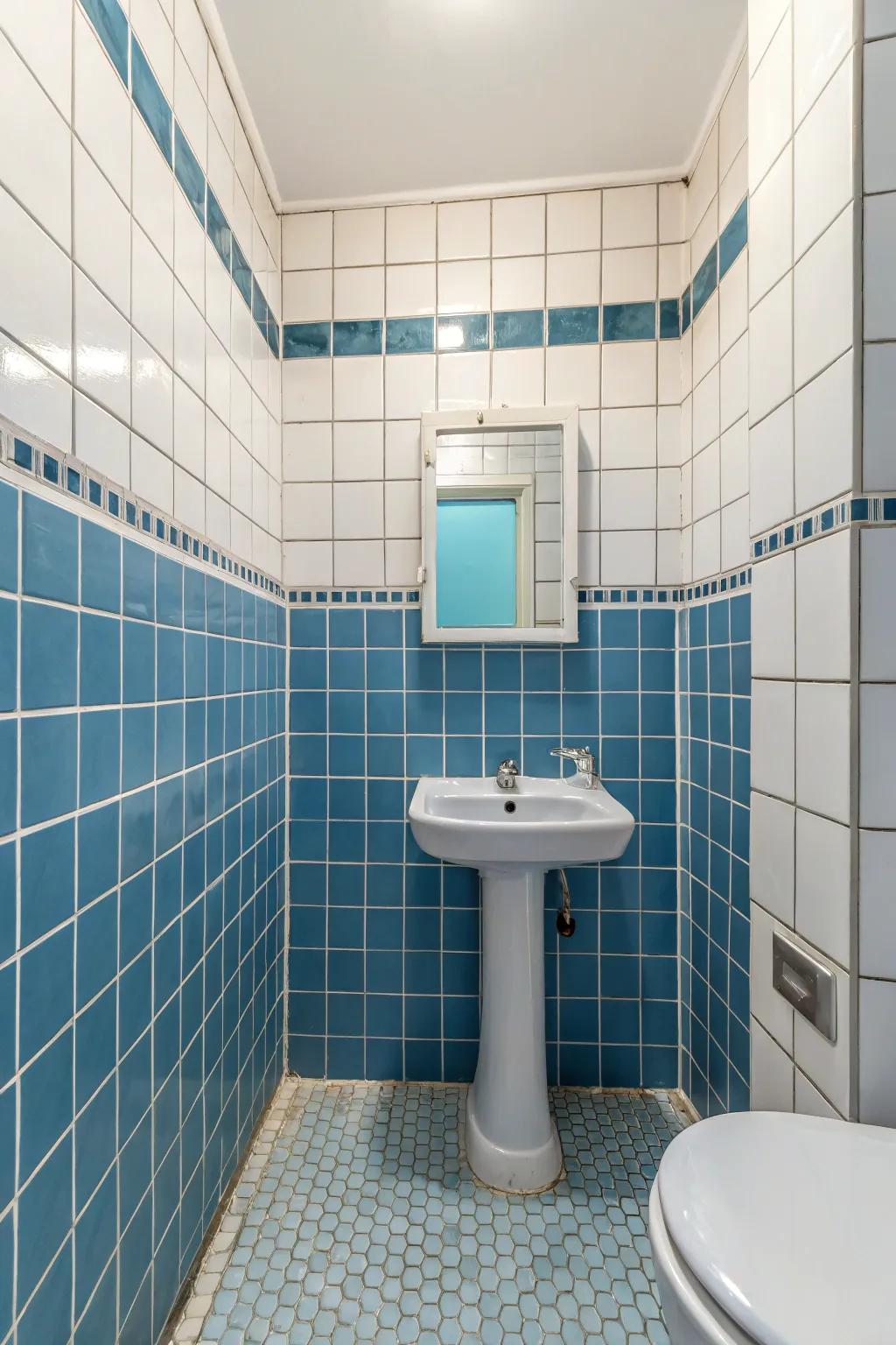 Blue tiles outlined with white grout offer a pristine and sophisticated style.