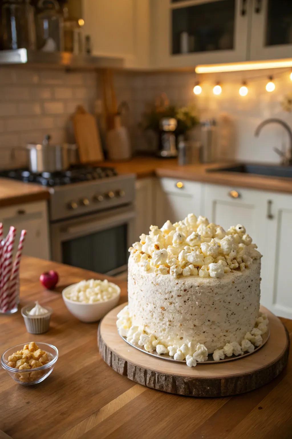 A delightful cake featuring marshmallow popcorn for a playful cinematic touch.