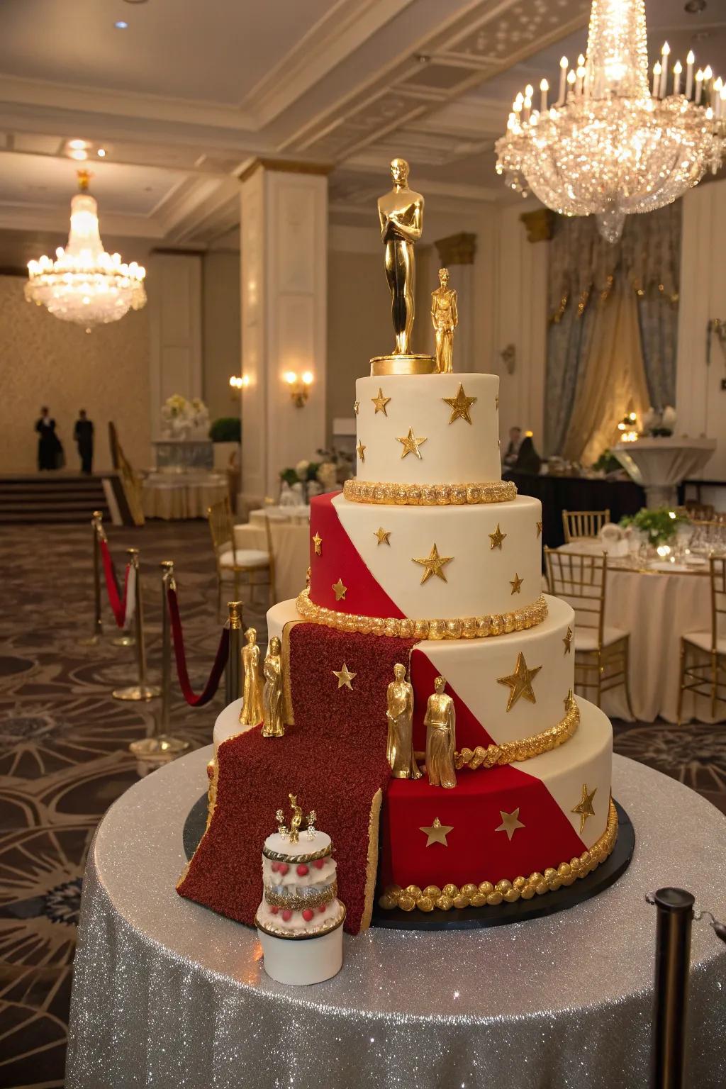 A cake showcasing a bold crimson carpet effect, perfect for any Hollywood-themed festivity.