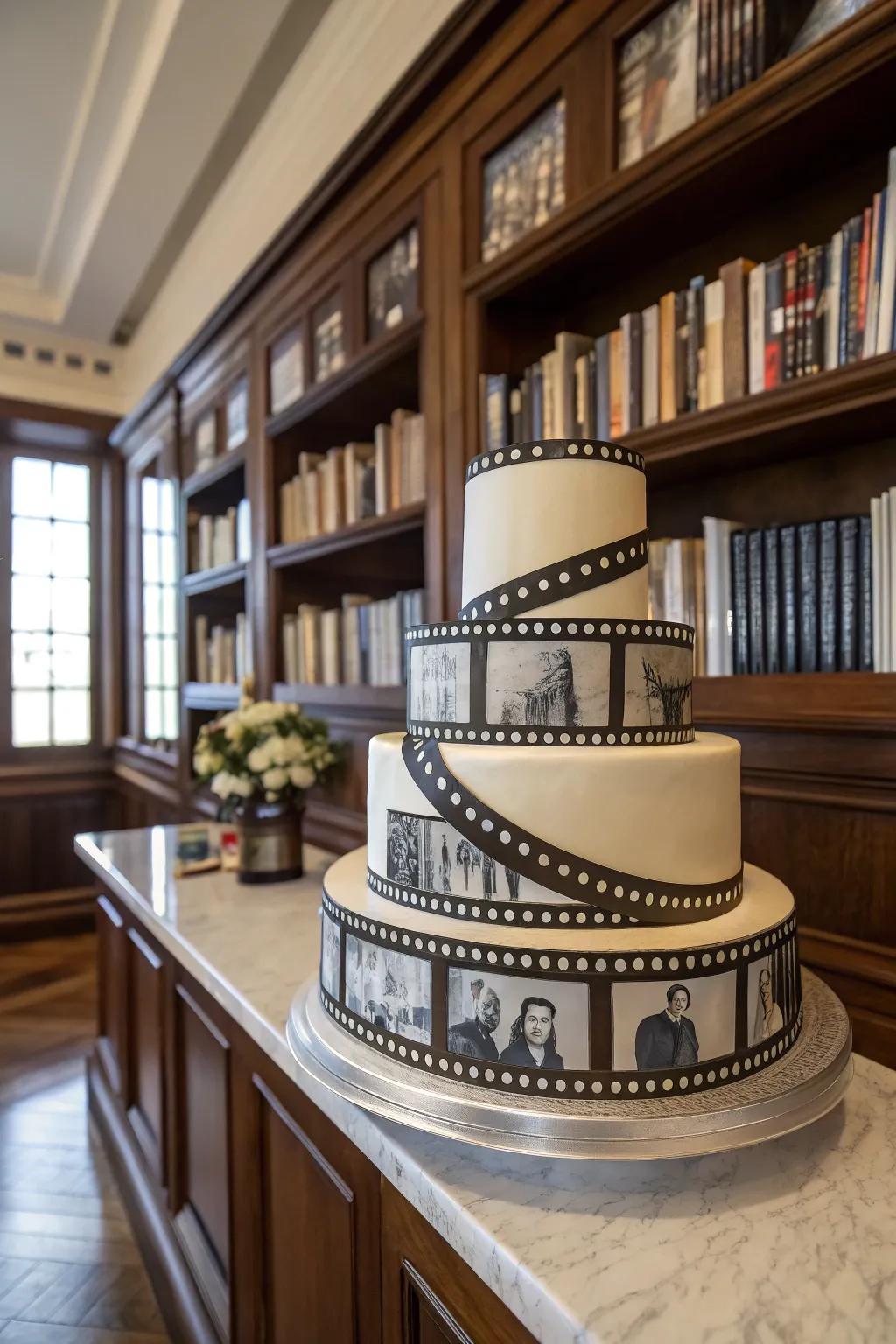 Film strip fondant gives this cake a nostalgic, cinematic flair that is perfect.