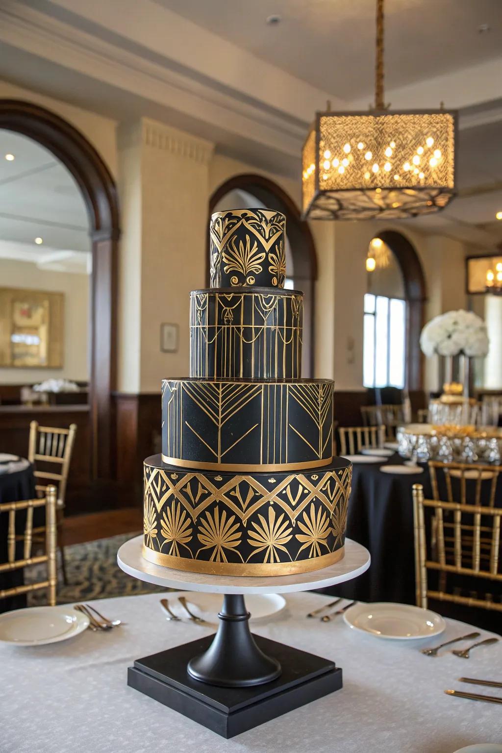 Art Deco influences lend a glamorous vintage appeal to this show-stopping cake.