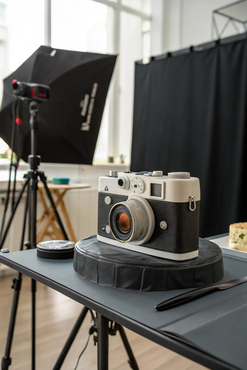 A retro camera cake that's a nod to timeless filmmaking.