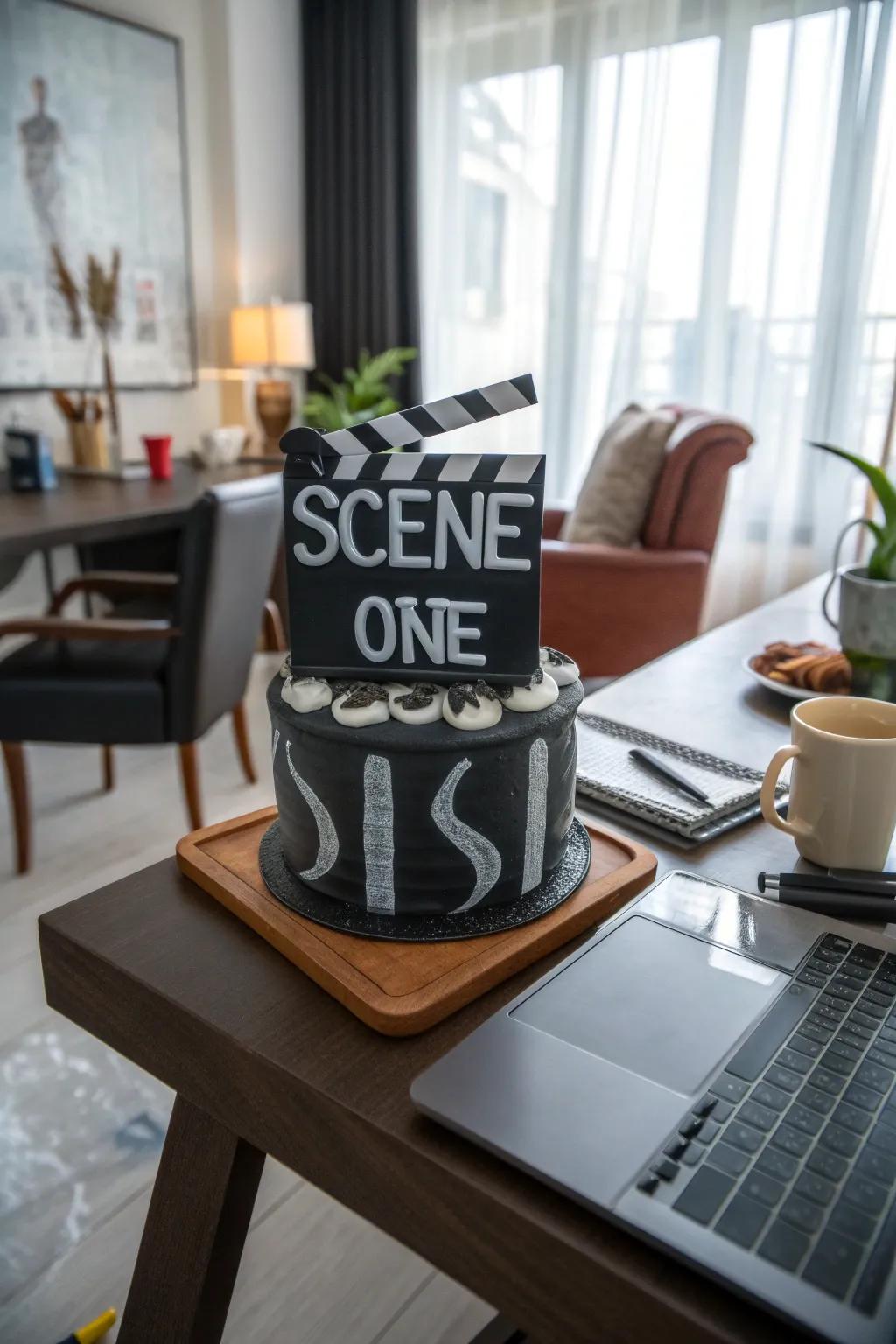A film slate cake perfectly embodies the thrill of filmmaking.